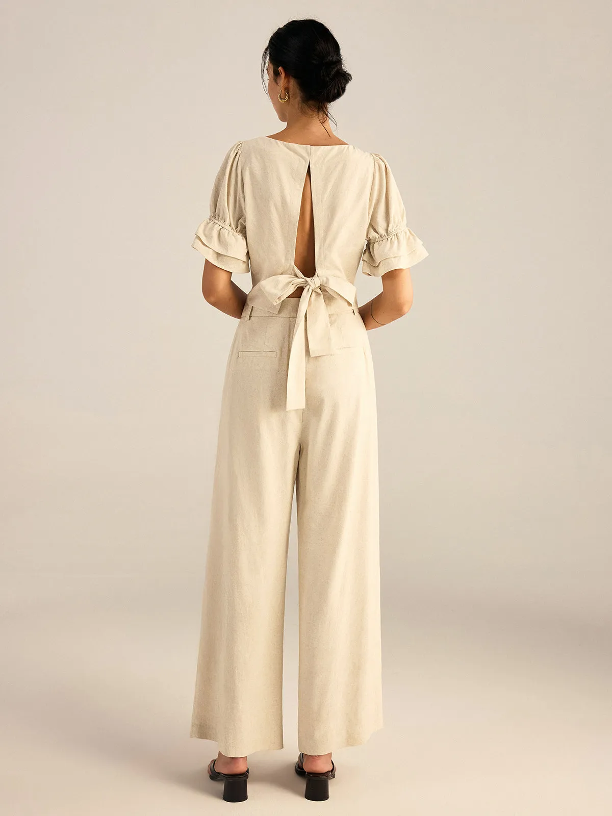 Cotton & Linen Puff-Sleeves Bow-Back Top and Pants Set sold by COMMENSE product image thumbnail 2