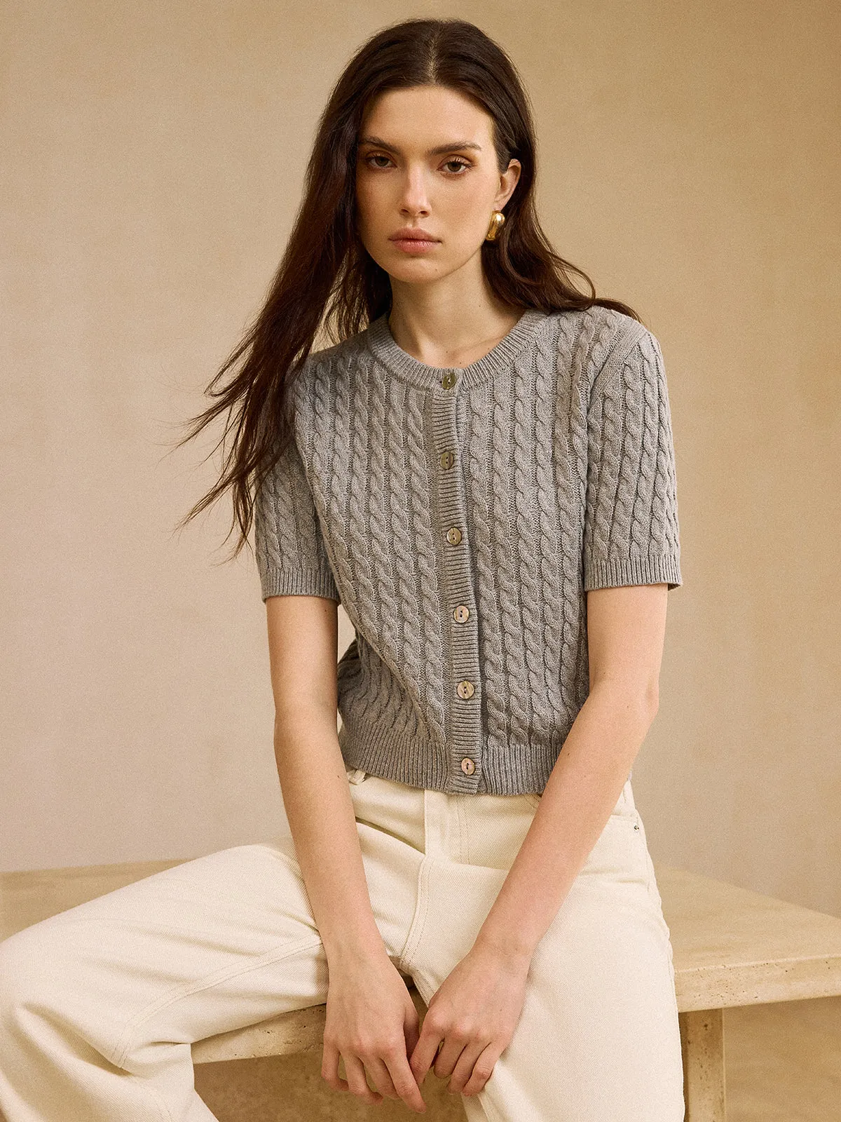 Cable Knit Short-Sleeve Cardigan sold by COMMENSE product image thumbnail 4