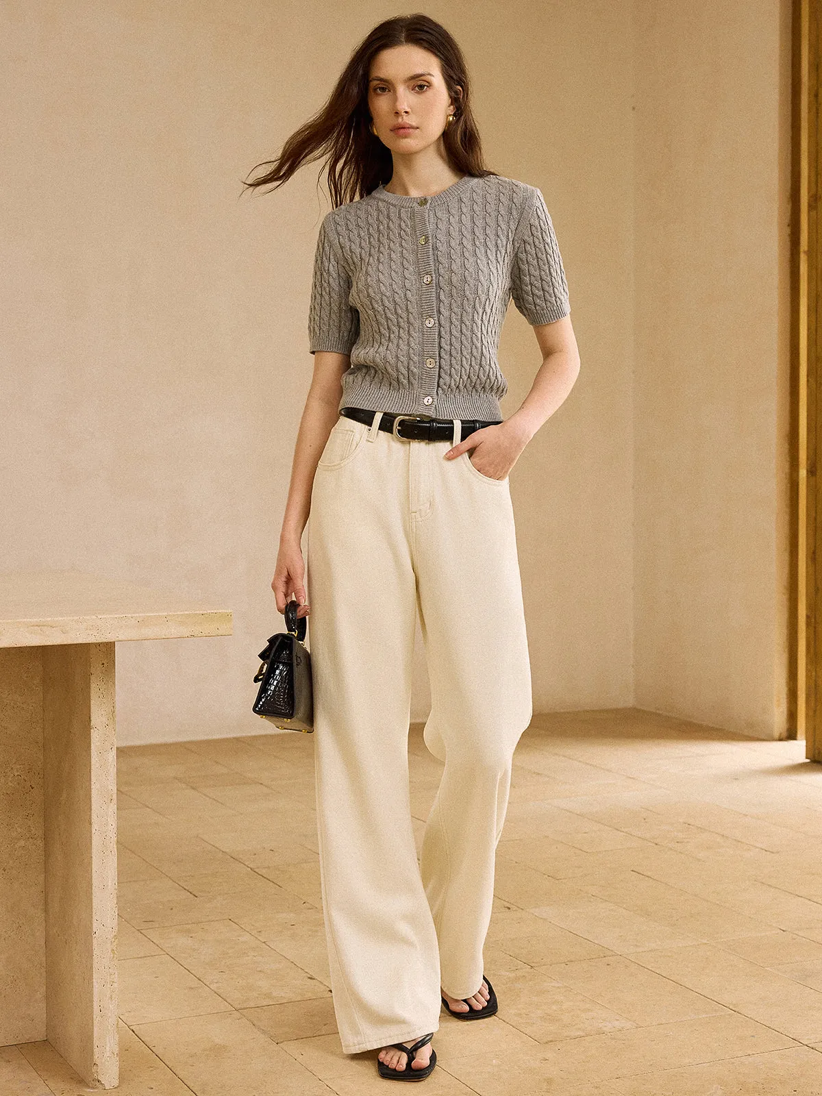 Cable Knit Short-Sleeve Cardigan sold by COMMENSE product image thumbnail 3