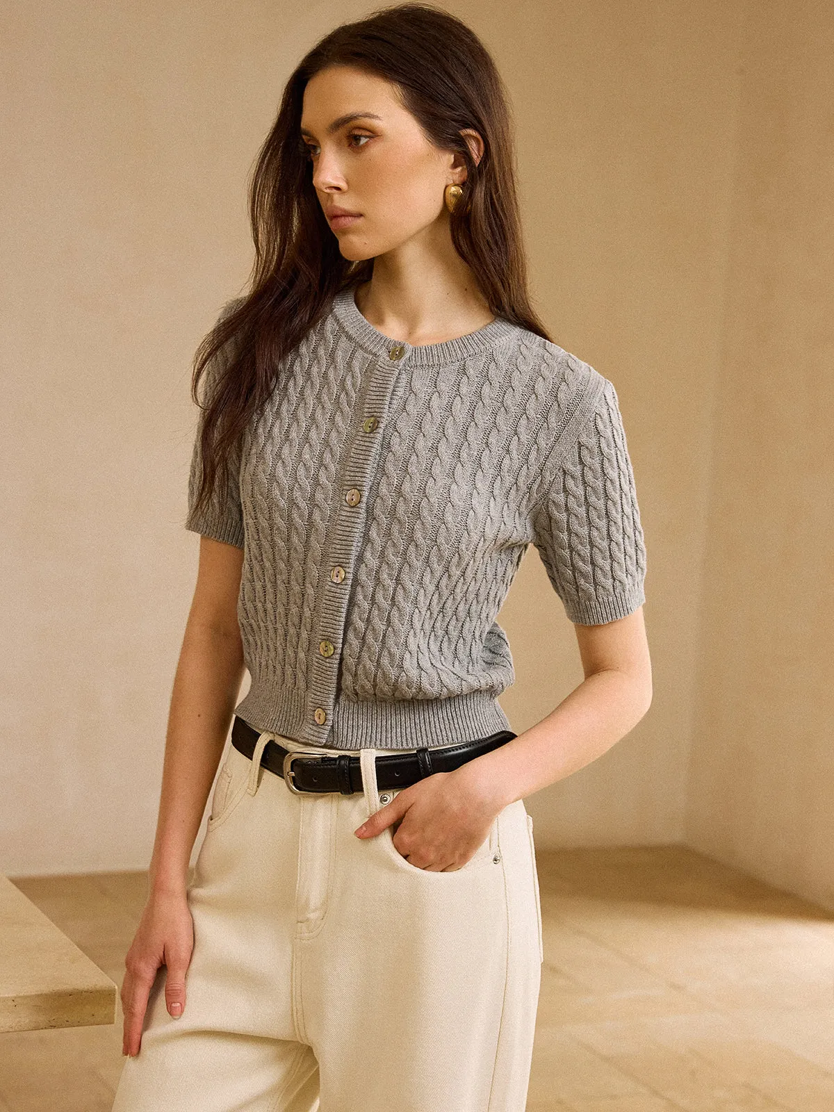 Cable Knit Short-Sleeve Cardigan sold by COMMENSE