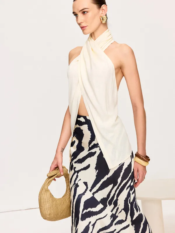 Semi-Sheer Cross-Halter Neck Wrap Top sold by COMMENSE