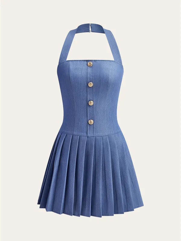 Metal Button Halter Neck Pleated Dress sold by COMMENSE