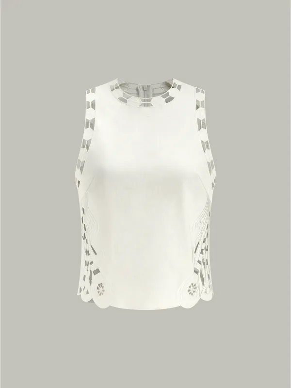 Embroidery Cut-Out Semi-Sheer Top sold by COMMENSE