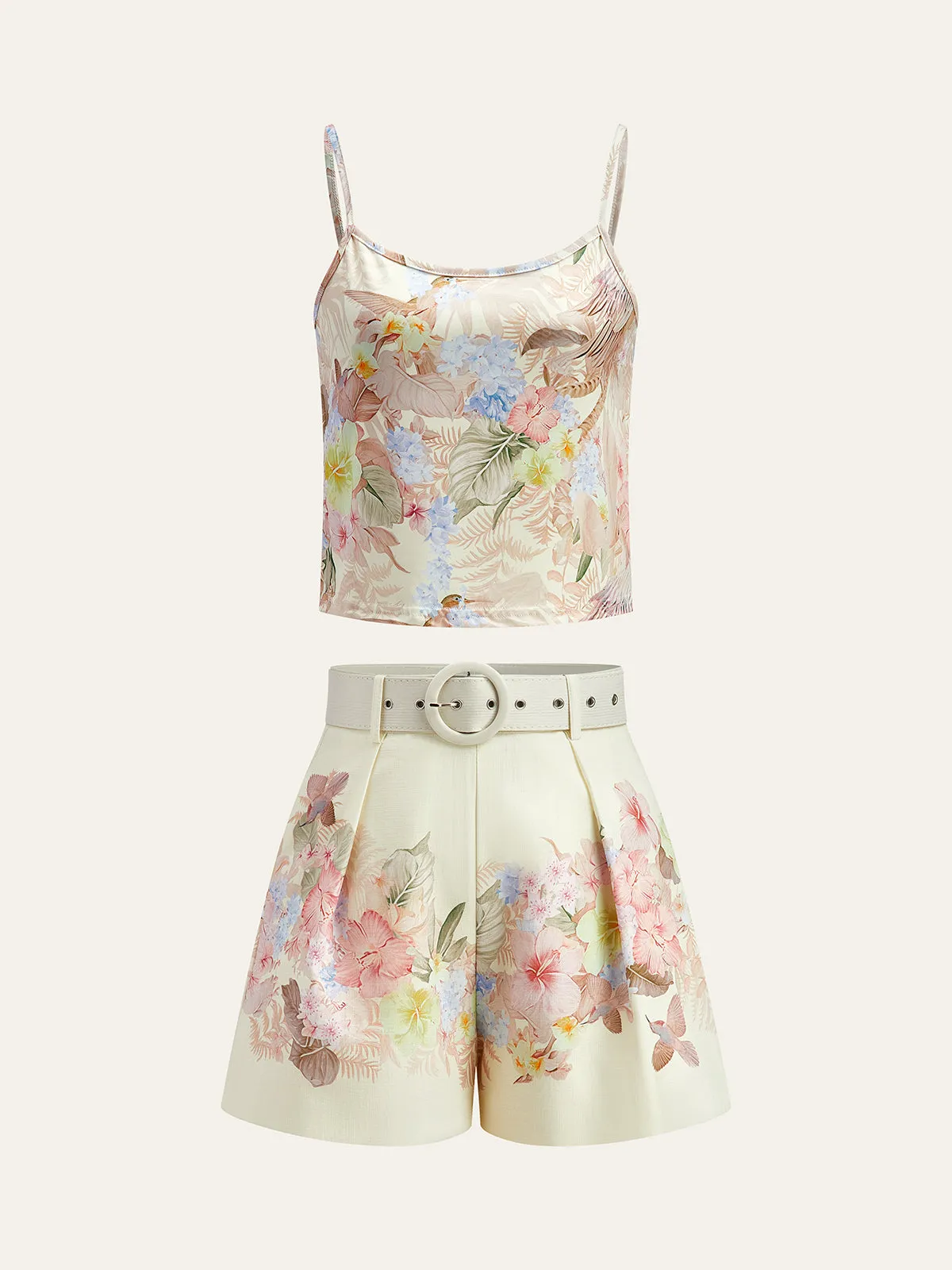 Floral Print Three-Piece Shorts Set With Belt sold by COMMENSE product image thumbnail 3