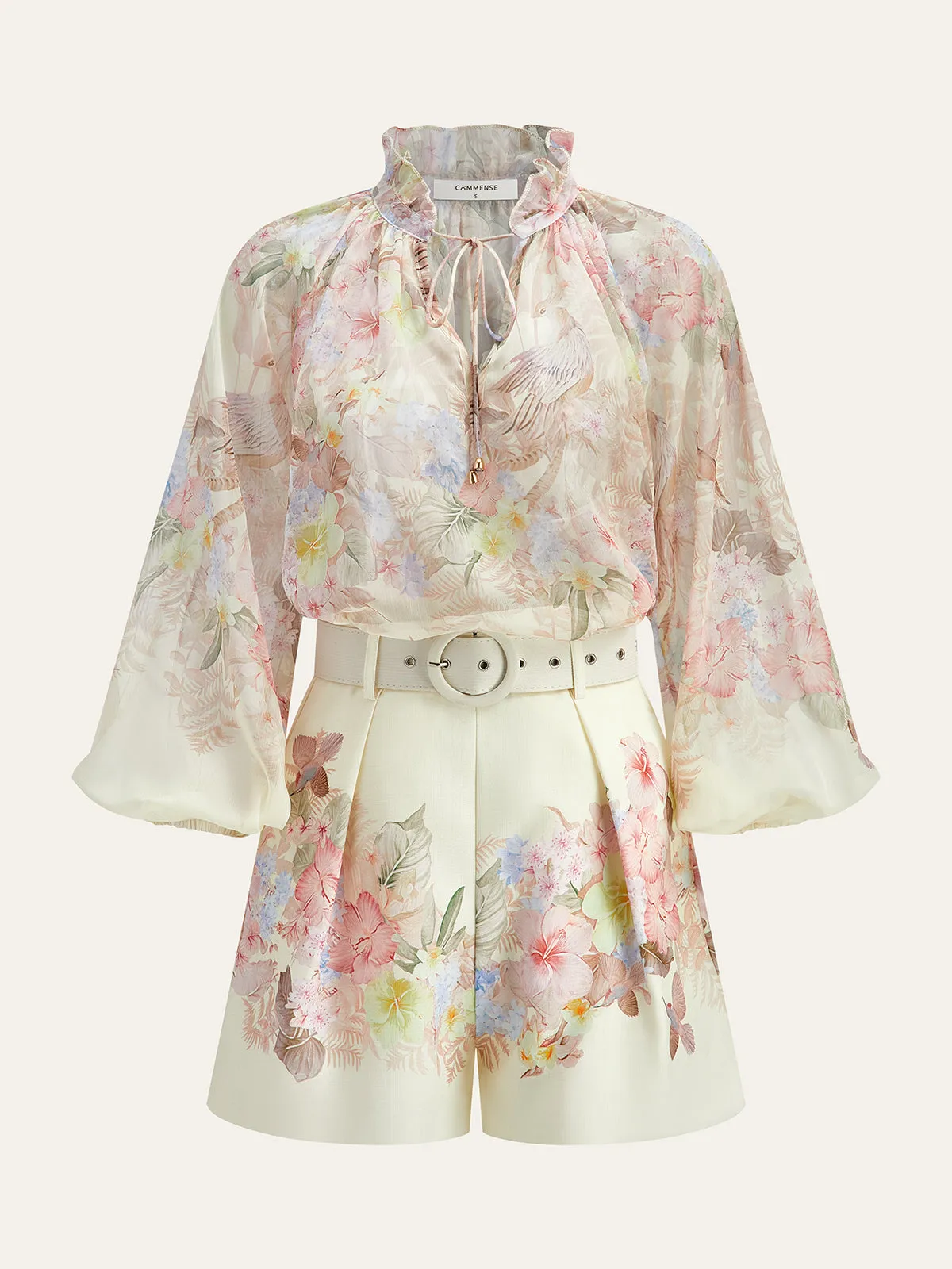 Floral Print Three-Piece Shorts Set With Belt sold by COMMENSE