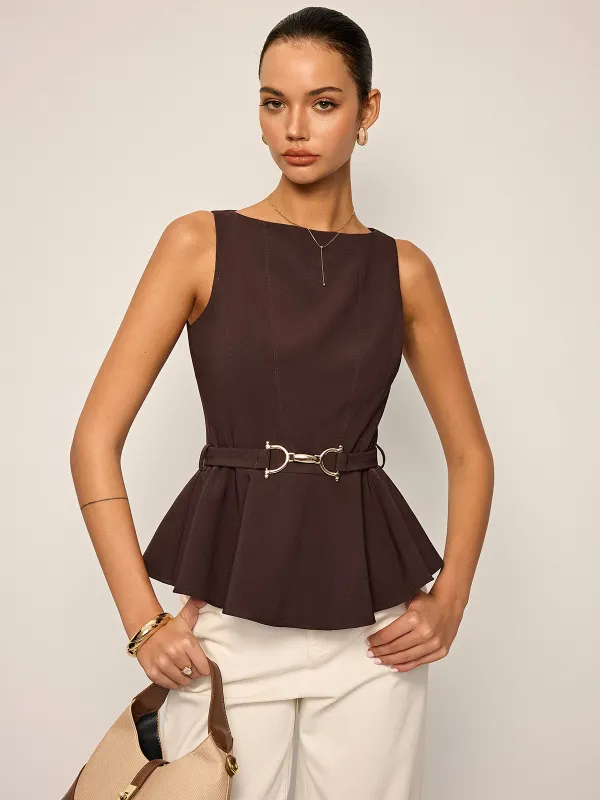 Sleeveless Peplum Top with Metal Buckle Belt sold by COMMENSE