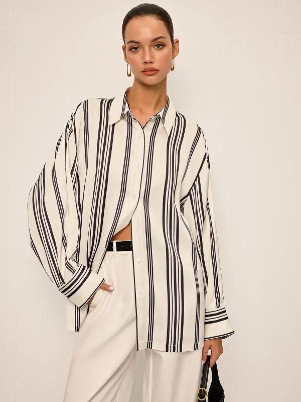 Oversized Satin Striped Shirt with Cut-Out Back Detail sold by COMMENSE