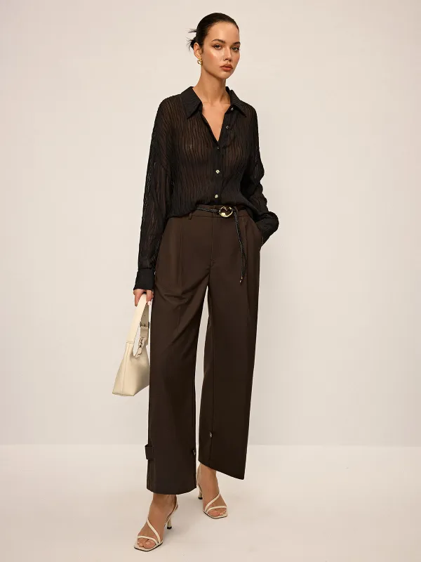 Pleated Wide-Leg Pants with Ankle Button Detail sold by COMMENSE
