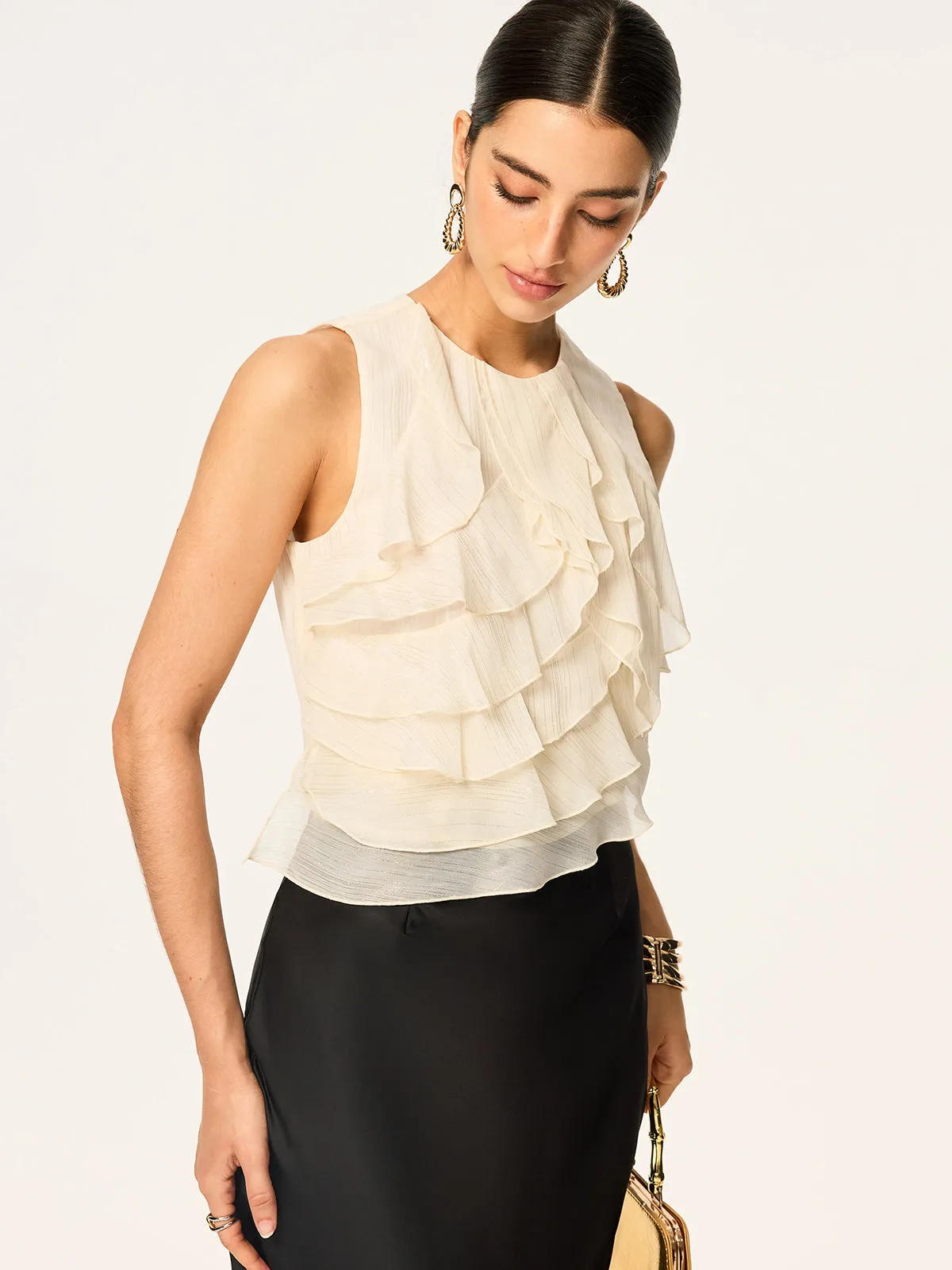 Ruffled Sleeveless Chiffon Top sold by COMMENSE