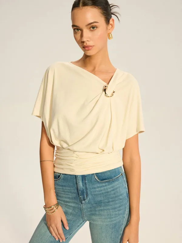 Asymmetrical Ruched Draped Top with Metal Ring Detail sold by COMMENSE