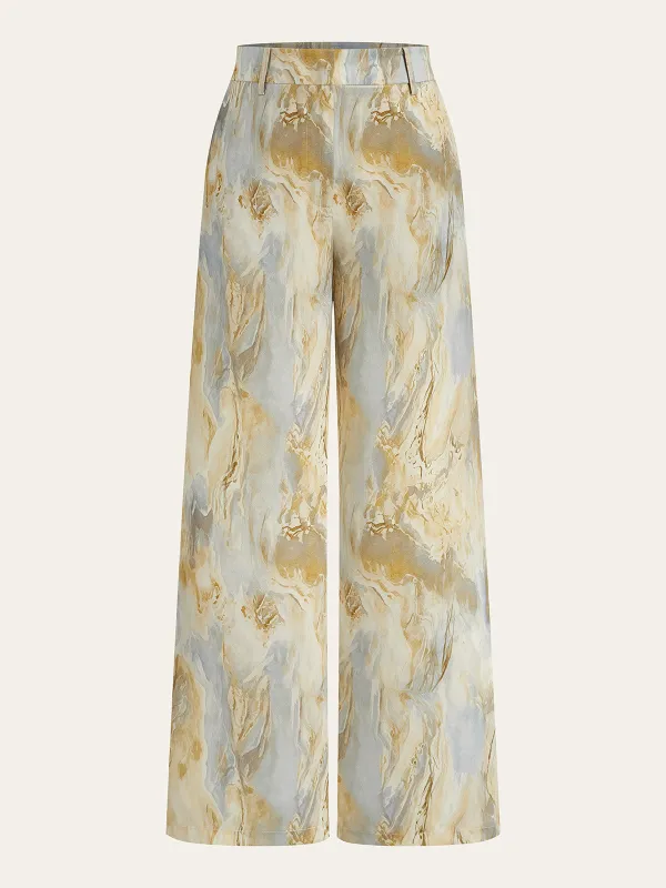 Semi-Sheer Marble Print Straight-Leg Pants sold by COMMENSE