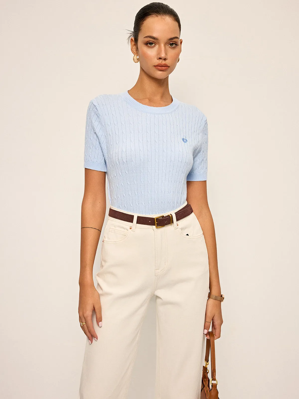 Heart Embroidered Crew Neck Cable Knit Top sold by COMMENSE product image thumbnail 3