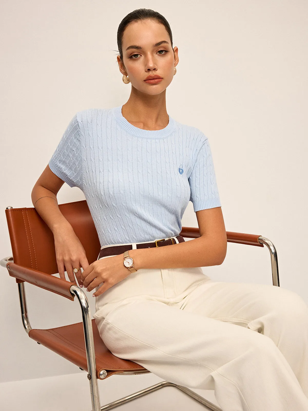 Heart Embroidered Crew Neck Cable Knit Top sold by COMMENSE product image thumbnail 4