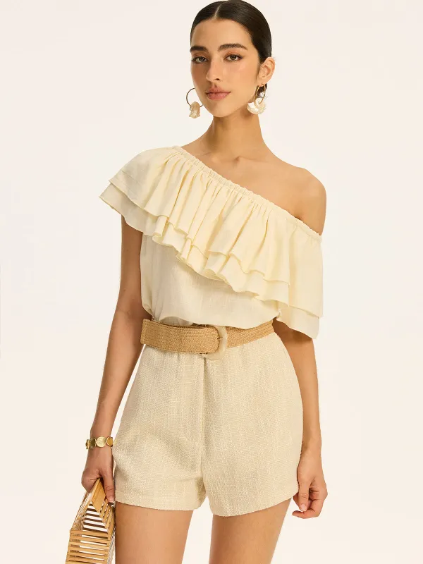Cotton & Linen One-Shoulder Ruffled Top sold by COMMENSE