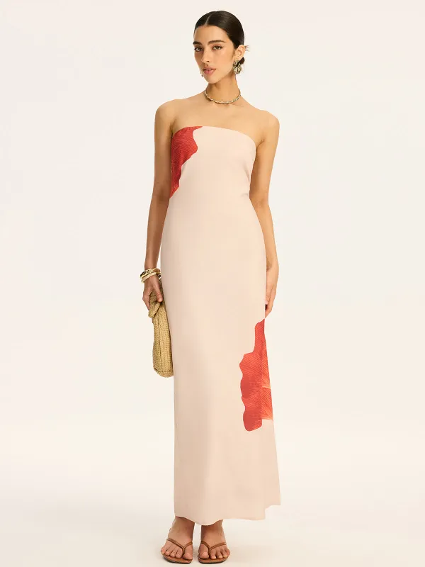 Strapless Printed Maxi Dress with Back Bow and Slit sold by COMMENSE