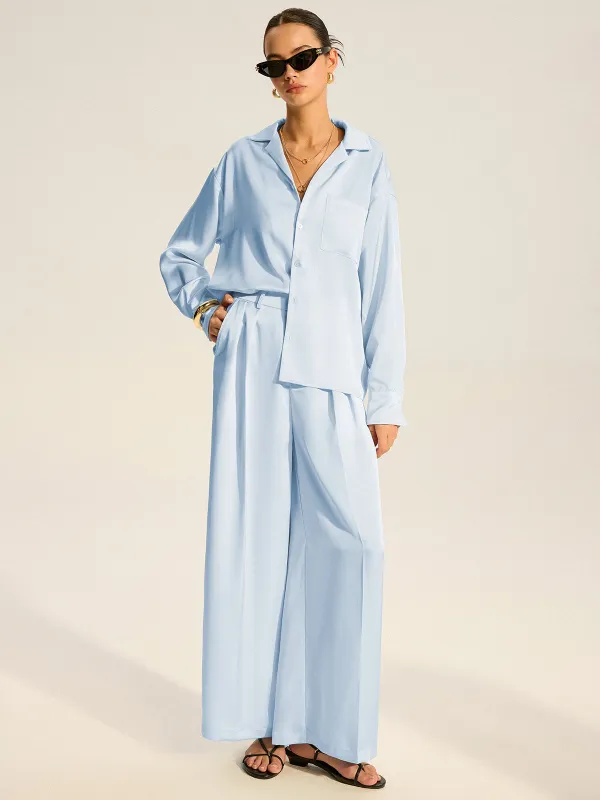 Oversized Pocket Satin Shirt and Pleated Pants Set sold by COMMENSE