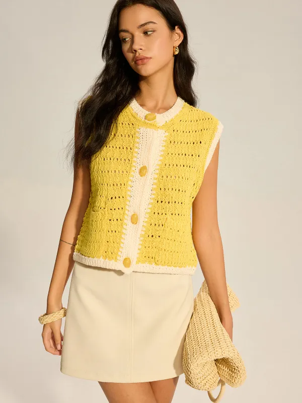 Crochet Knit Vest with Contrast Trim sold by COMMENSE