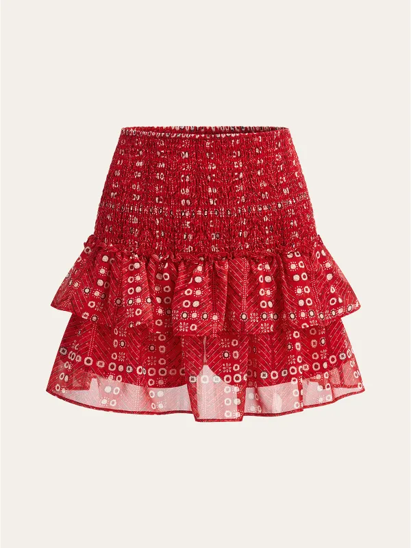 Boho Printed Smocked Tiered Mini Skirt sold by COMMENSE