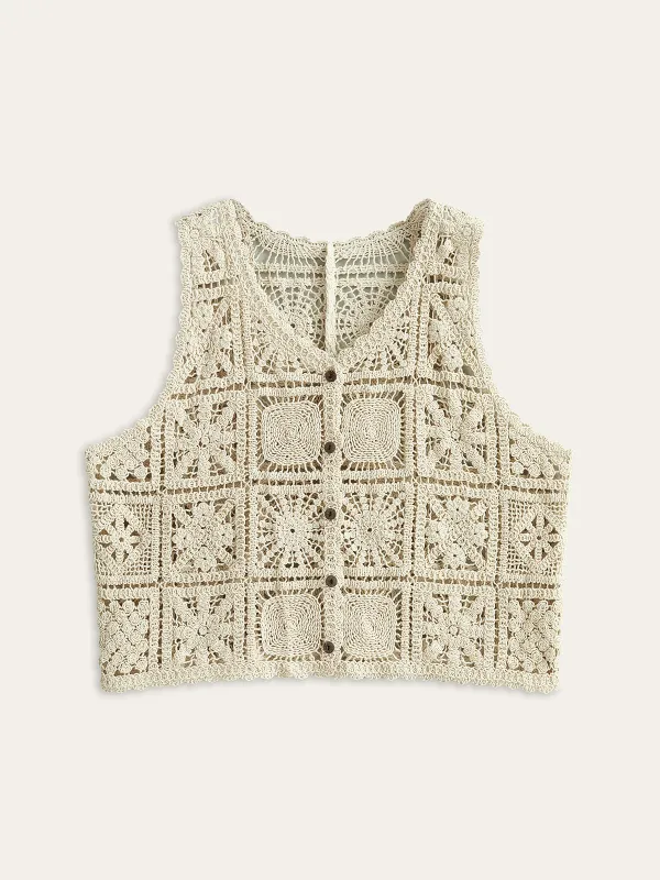 Crochet Knit Vest with Button Front sold by COMMENSE