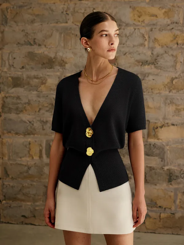 Metal Button V-Neck Sweater sold by COMMENSE