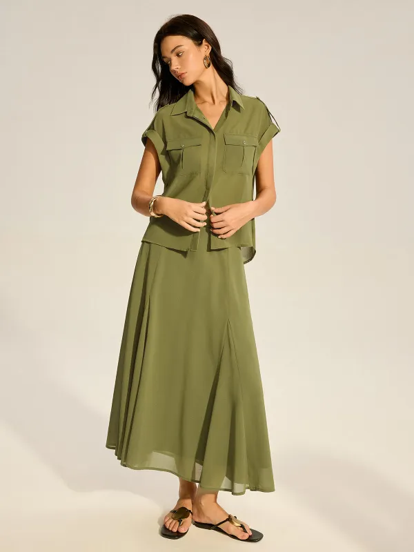 Rolled-Sleeve Pocketed Chiffon Shirt and Midi Skirt Set sold by COMMENSE