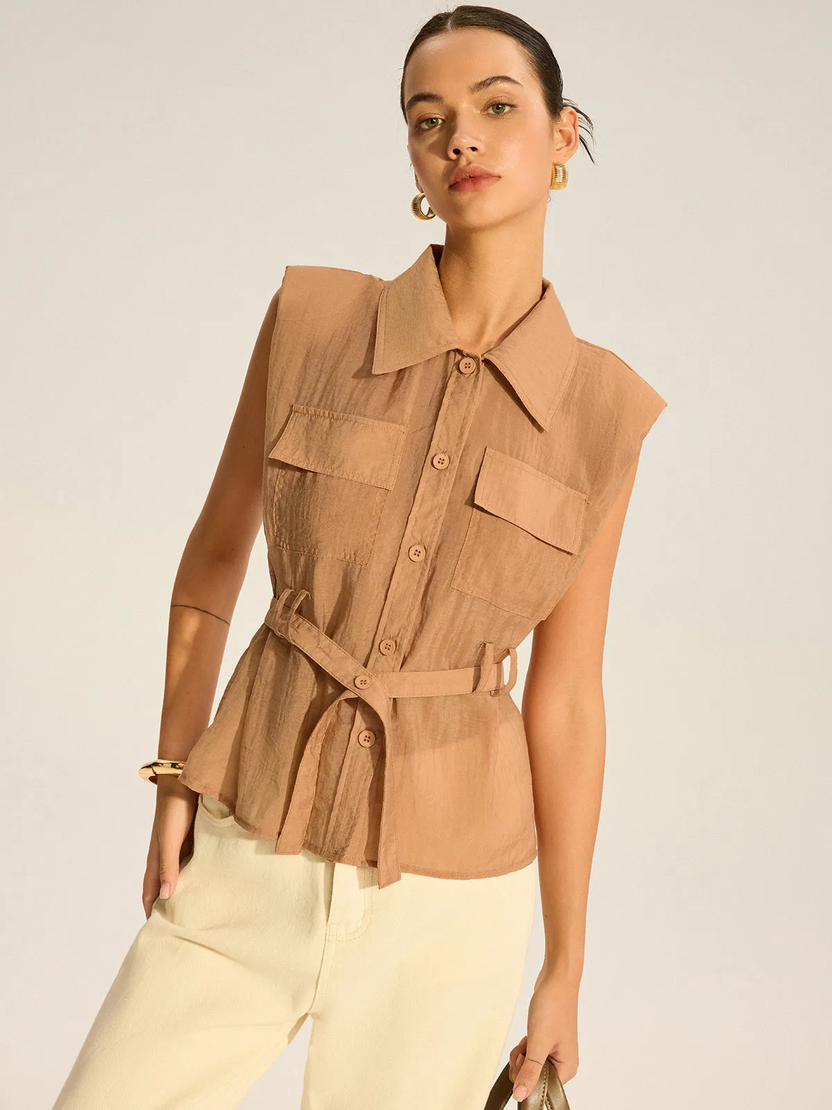 Belted Sleeveless Blouse sold by COMMENSE