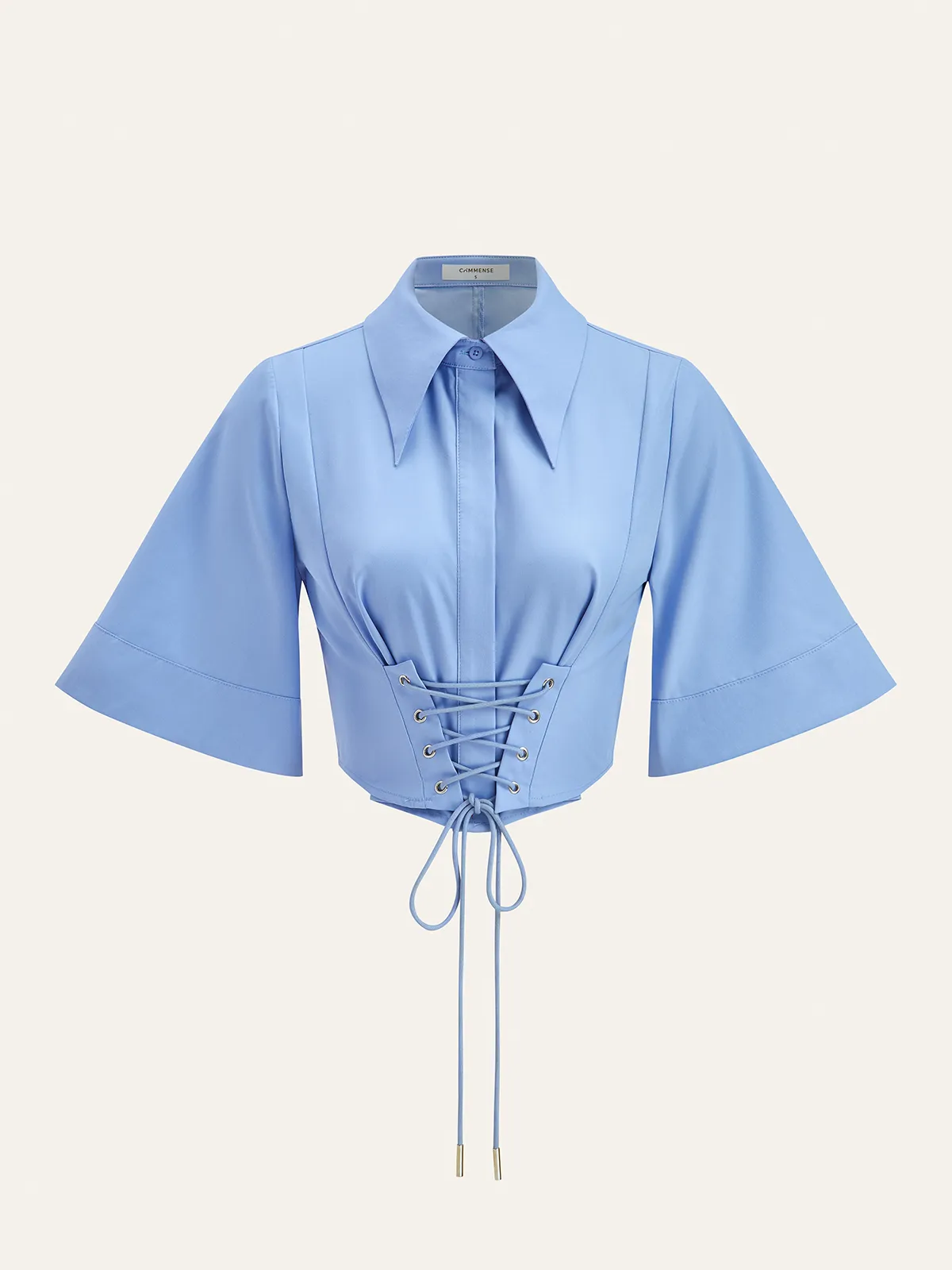 Lace-Up Waist Flare Sleeve Cropped Blouse sold by COMMENSE