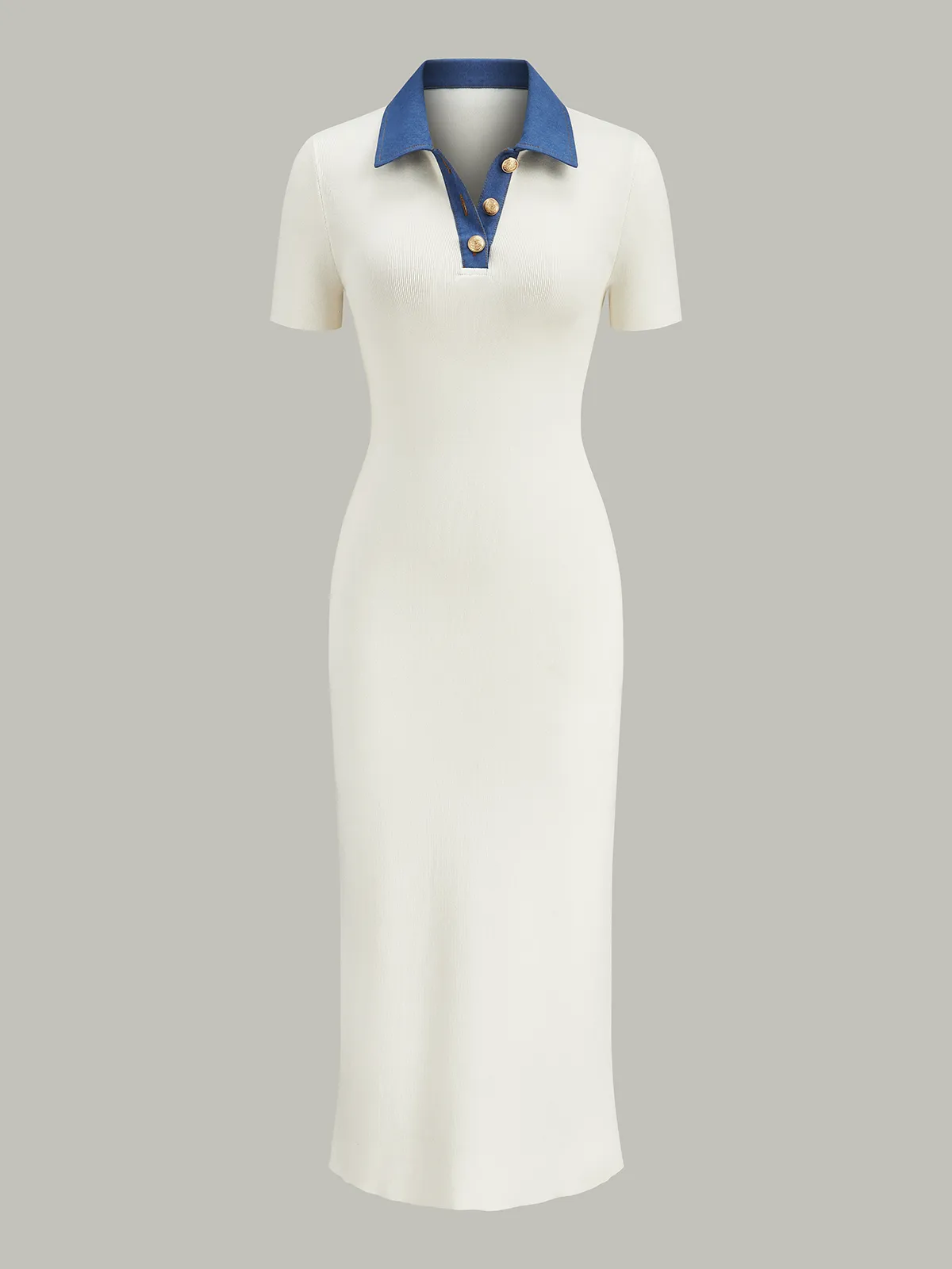 Denim-Collar Buttoned Polo Knit Midi Dress sold by COMMENSE