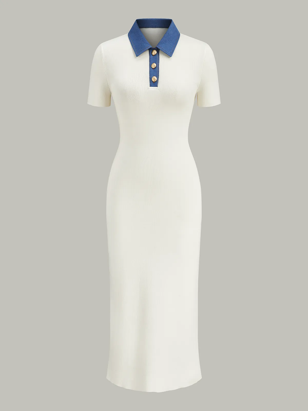 Denim-Collar Buttoned Polo Knit Midi Dress sold by COMMENSE product image thumbnail 2