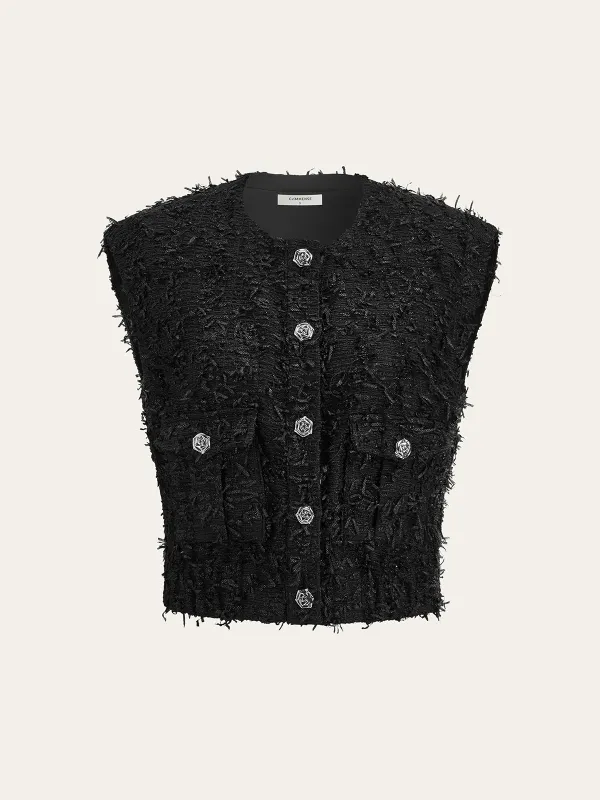 Fringed Tweed Button Sleeveless Vest sold by COMMENSE