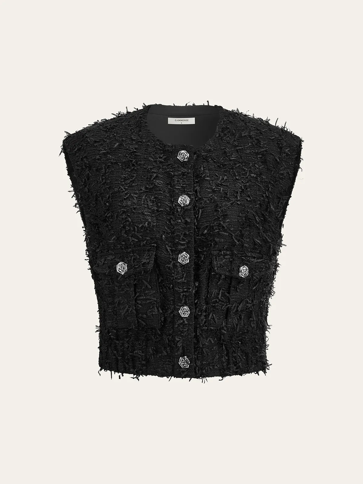 Fringed Tweed Button Sleeveless Vest sold by COMMENSE