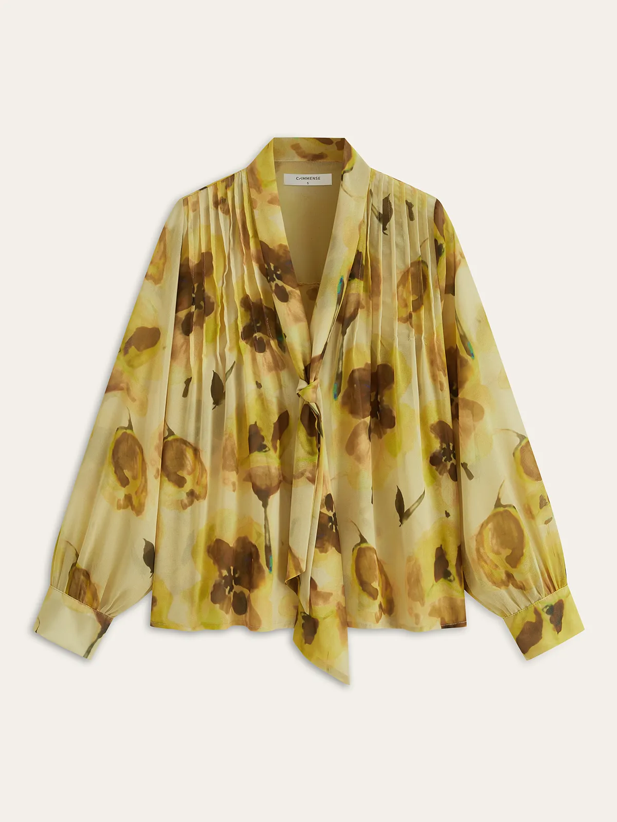 Pleated Floral Print Tie-Front Shirt sold by COMMENSE