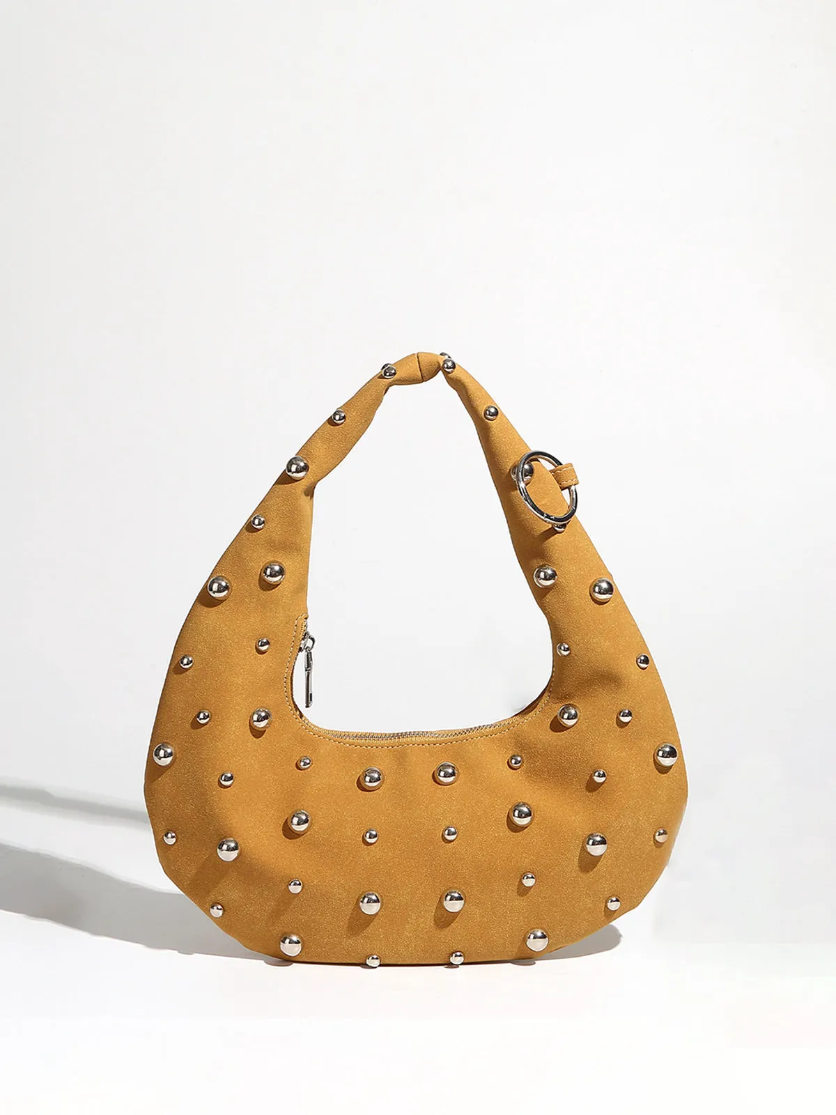 Stud-Embellished Hobo Bag with Zipper Detail sold by COMMENSE