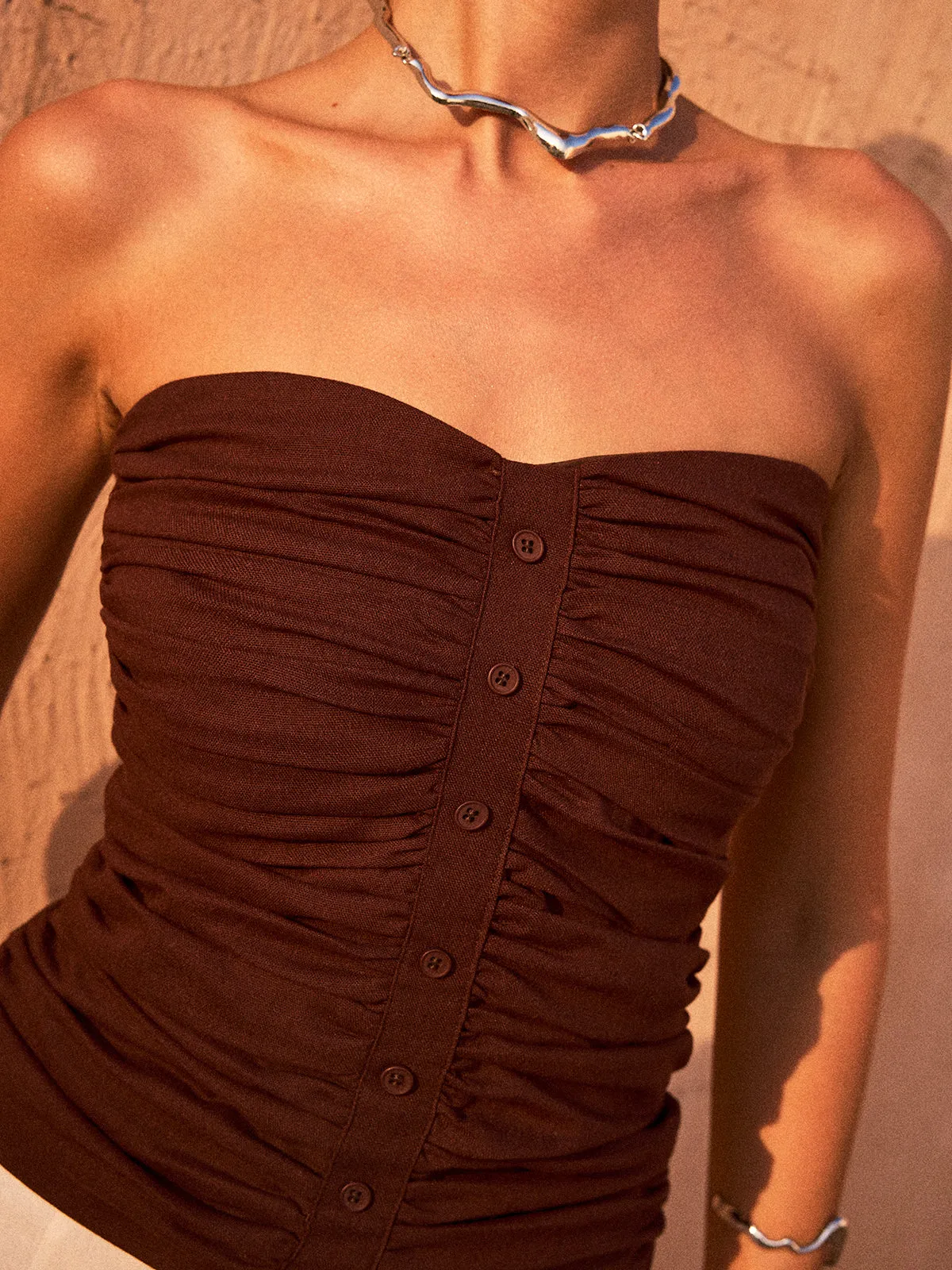 Ruched Button-Front Strapless Top sold by COMMENSE product image thumbnail 5