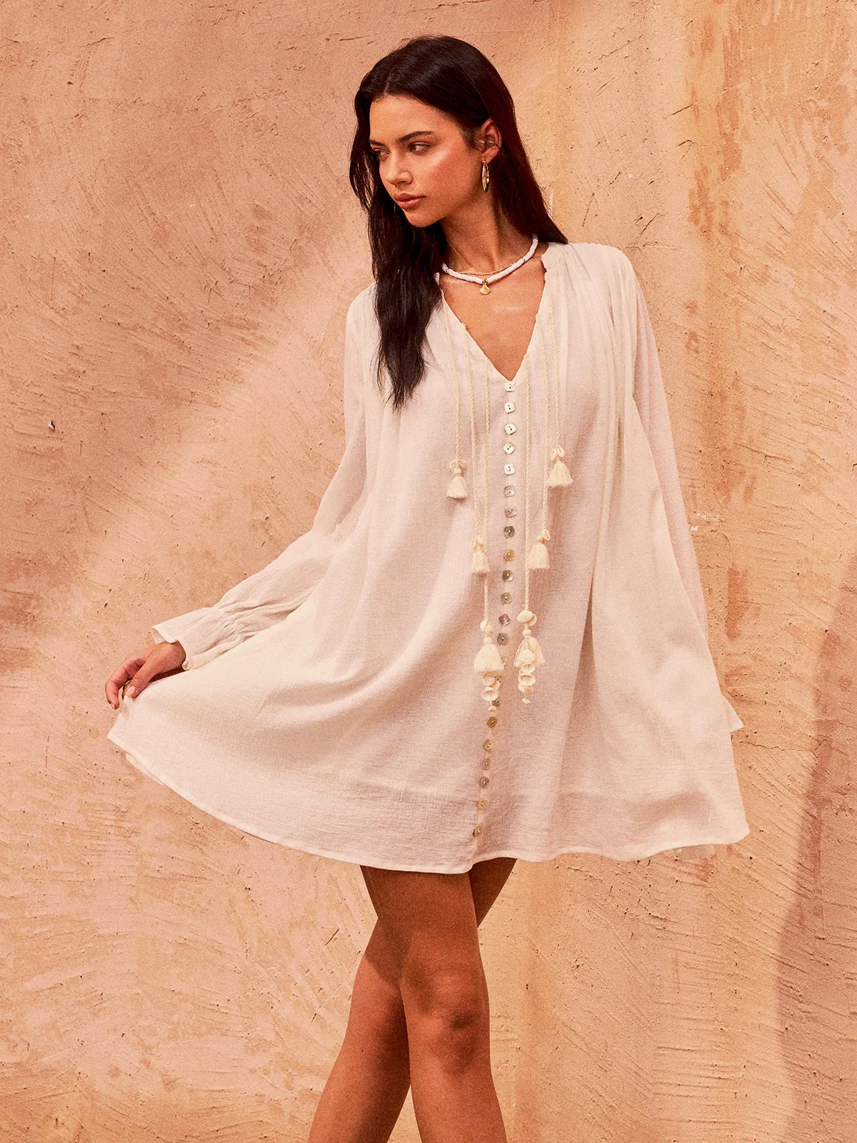 Tasseled Button Cotton Mini Dress sold by COMMENSE product image thumbnail 2