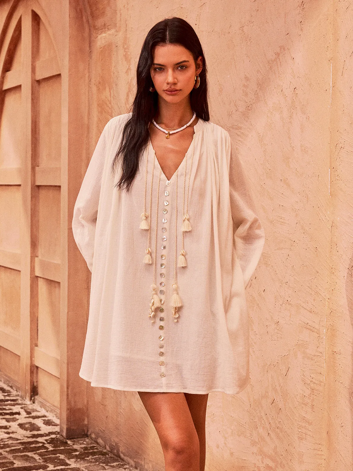 Tasseled Button Cotton Mini Dress sold by COMMENSE product image thumbnail 4