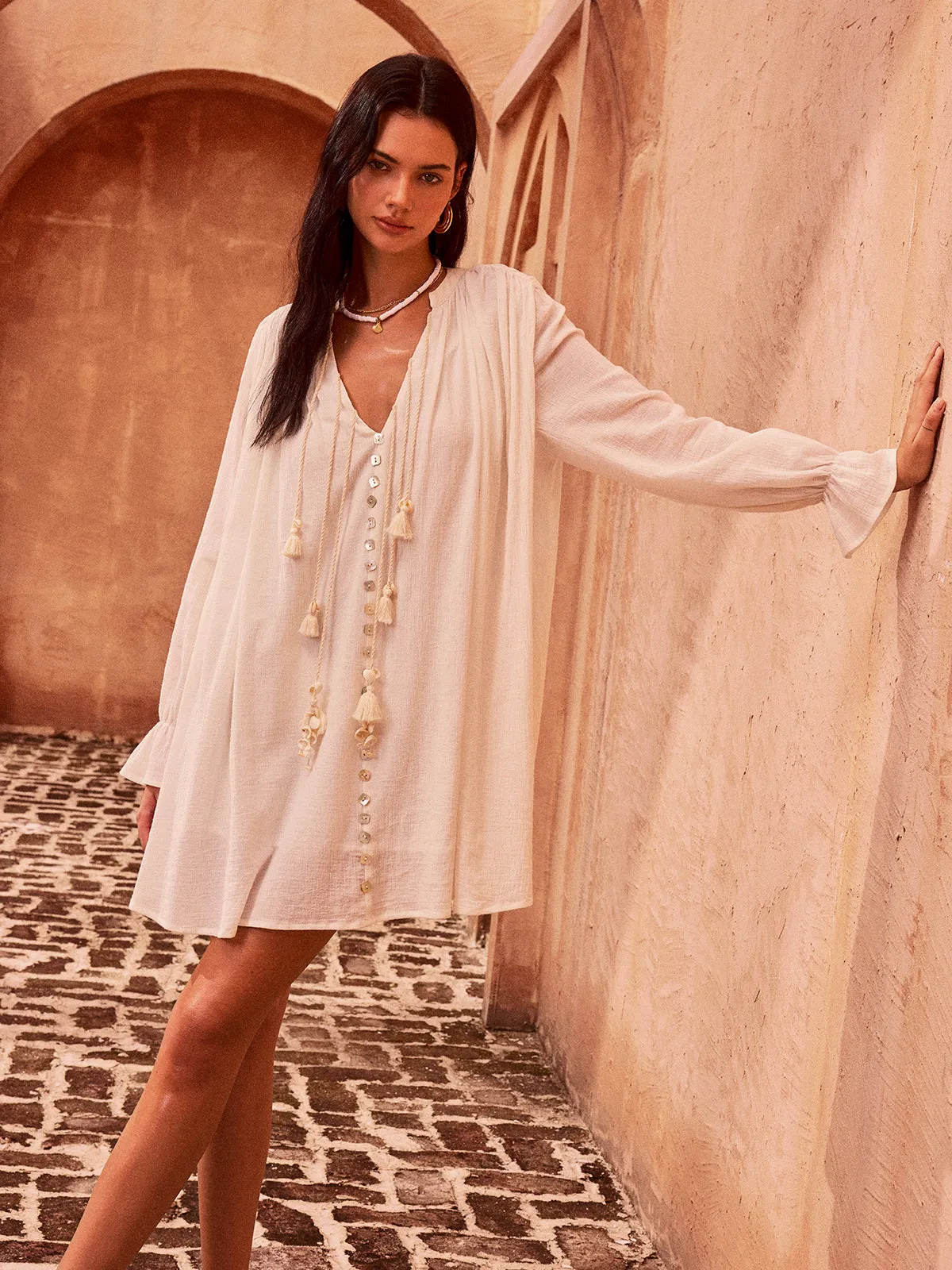 Tasseled Button Cotton Mini Dress sold by COMMENSE