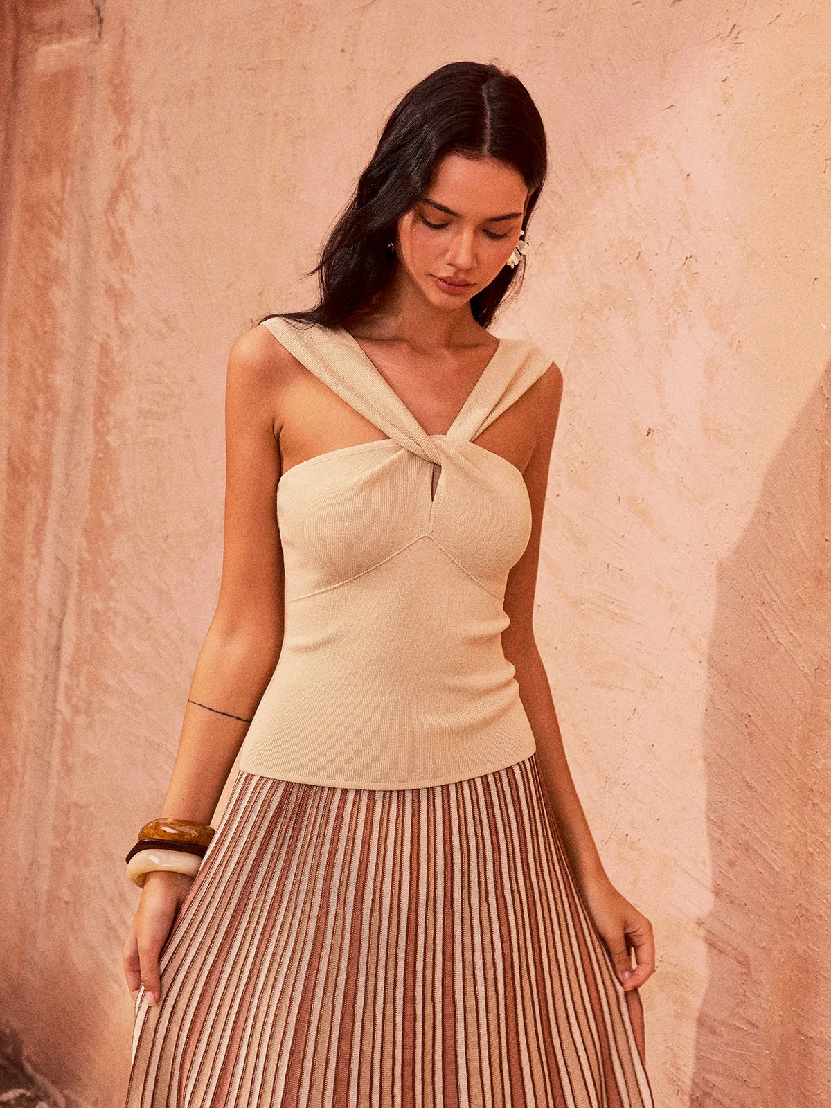 Twisted Neckline Knit Top sold by COMMENSE