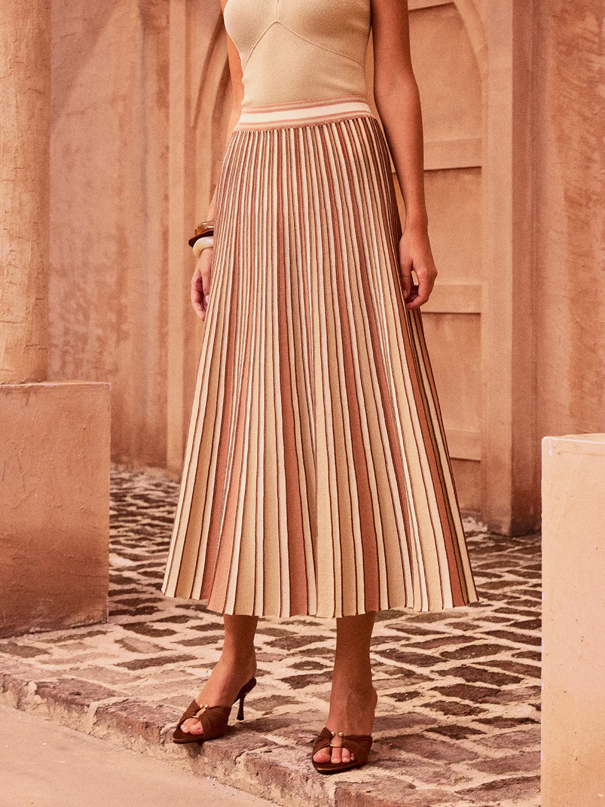Color-Block Striped Pleated Midi Skirt sold by COMMENSE product image thumbnail 3