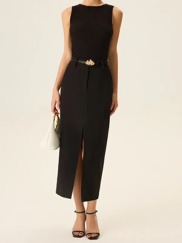 Belted Pocket Slit Midi Skirt sold by COMMENSE