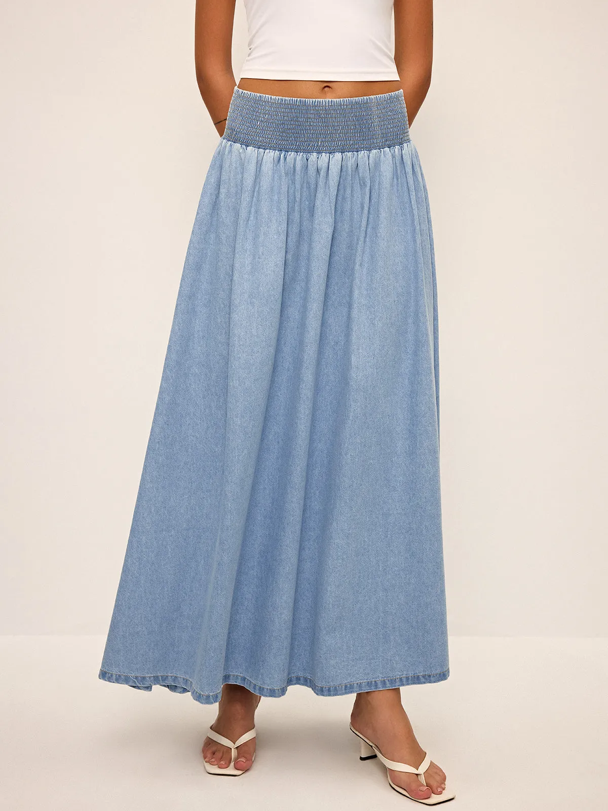 Smocked Waistband Denim Maxi Skirt sold by COMMENSE product image thumbnail 3