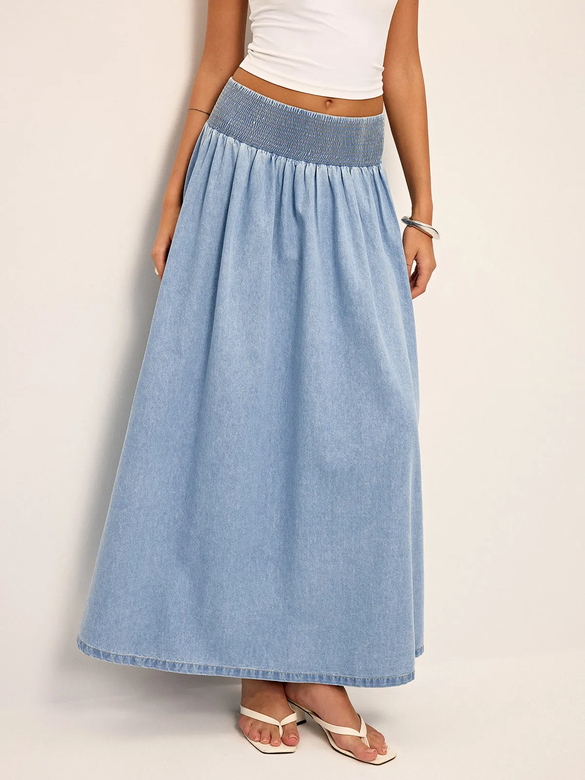 Smocked Waistband Denim Maxi Skirt sold by COMMENSE