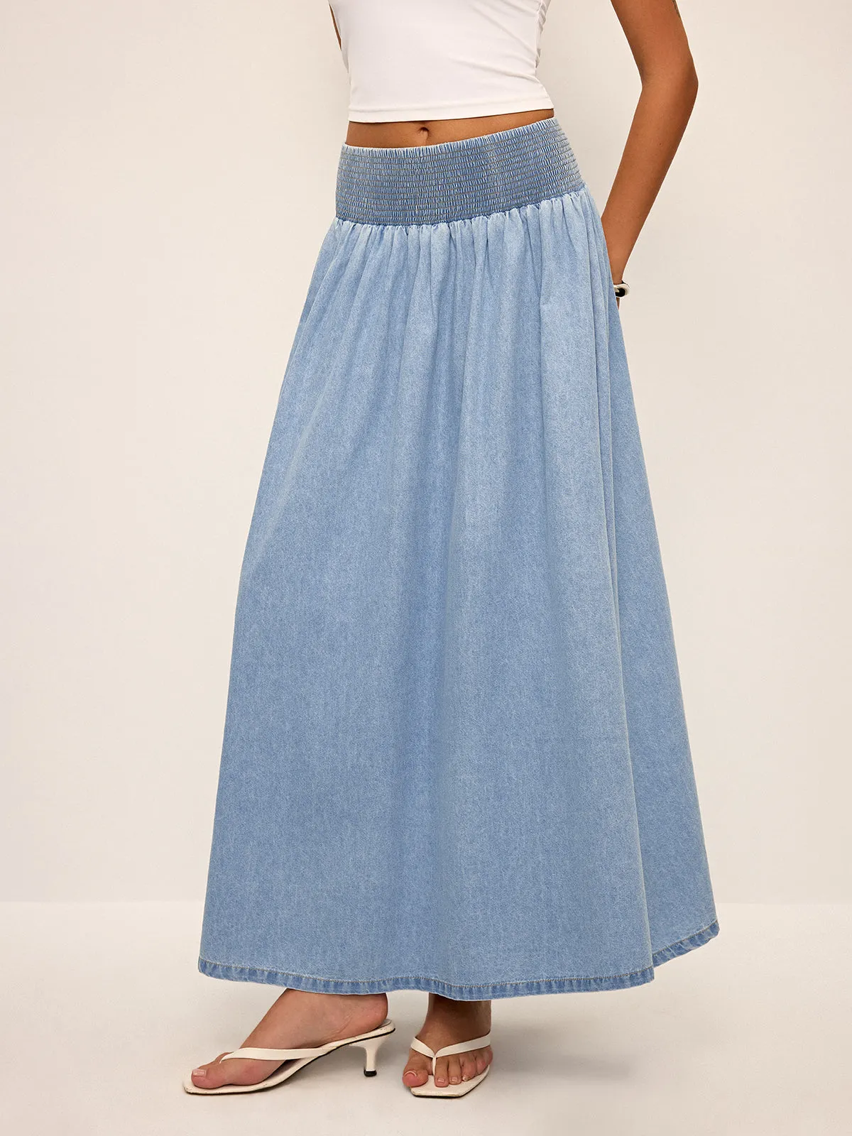 Smocked Waistband Denim Maxi Skirt sold by COMMENSE product image thumbnail 2