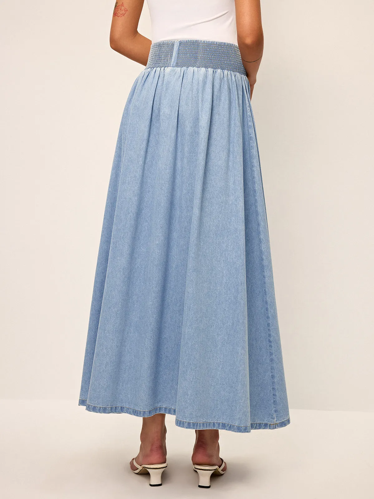 Smocked Waistband Denim Maxi Skirt sold by COMMENSE product image thumbnail 5