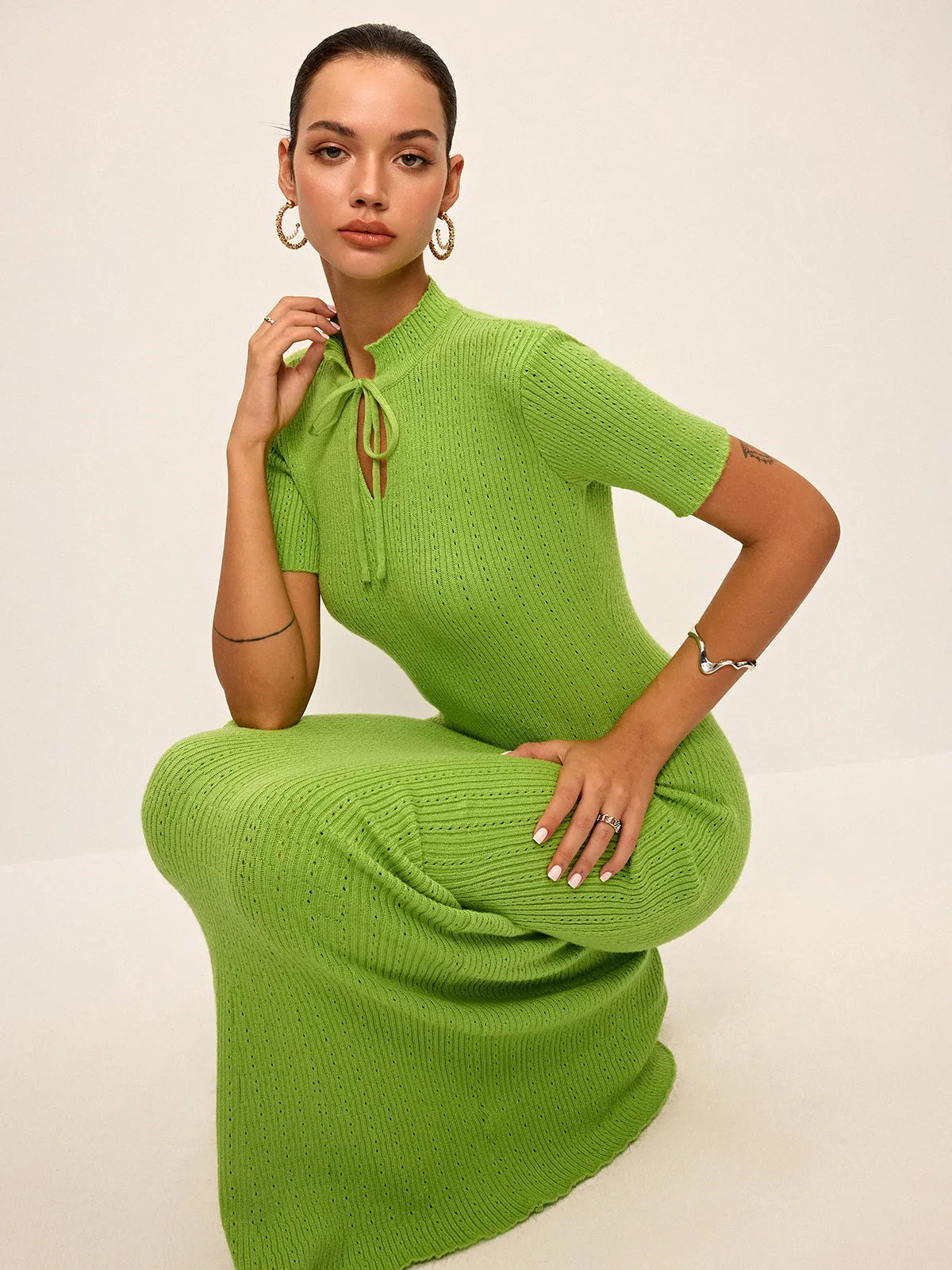 Tie-Neck Knit Maxi Dress sold by COMMENSE