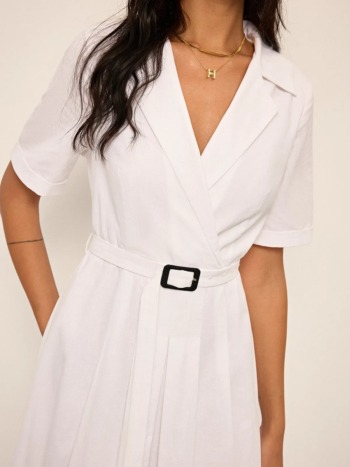 Linen & Blend Belted Pleated Shirt Dress sold by COMMENSE product image thumbnail 5