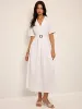 Linen & Blend Belted Pleated Shirt Dress sold by COMMENSE