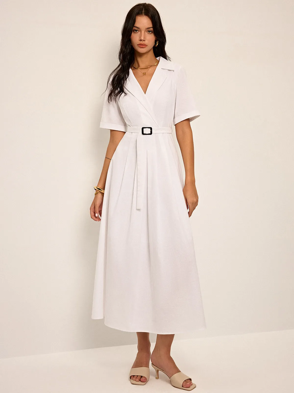Linen & Blend Belted Pleated Shirt Dress sold by COMMENSE product image thumbnail 4