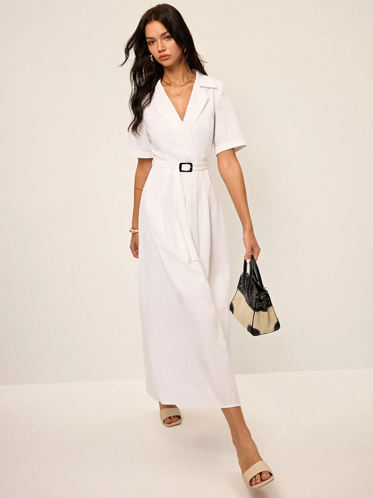 Linen & Blend Belted Pleated Shirt Dress sold by COMMENSE product image thumbnail 3