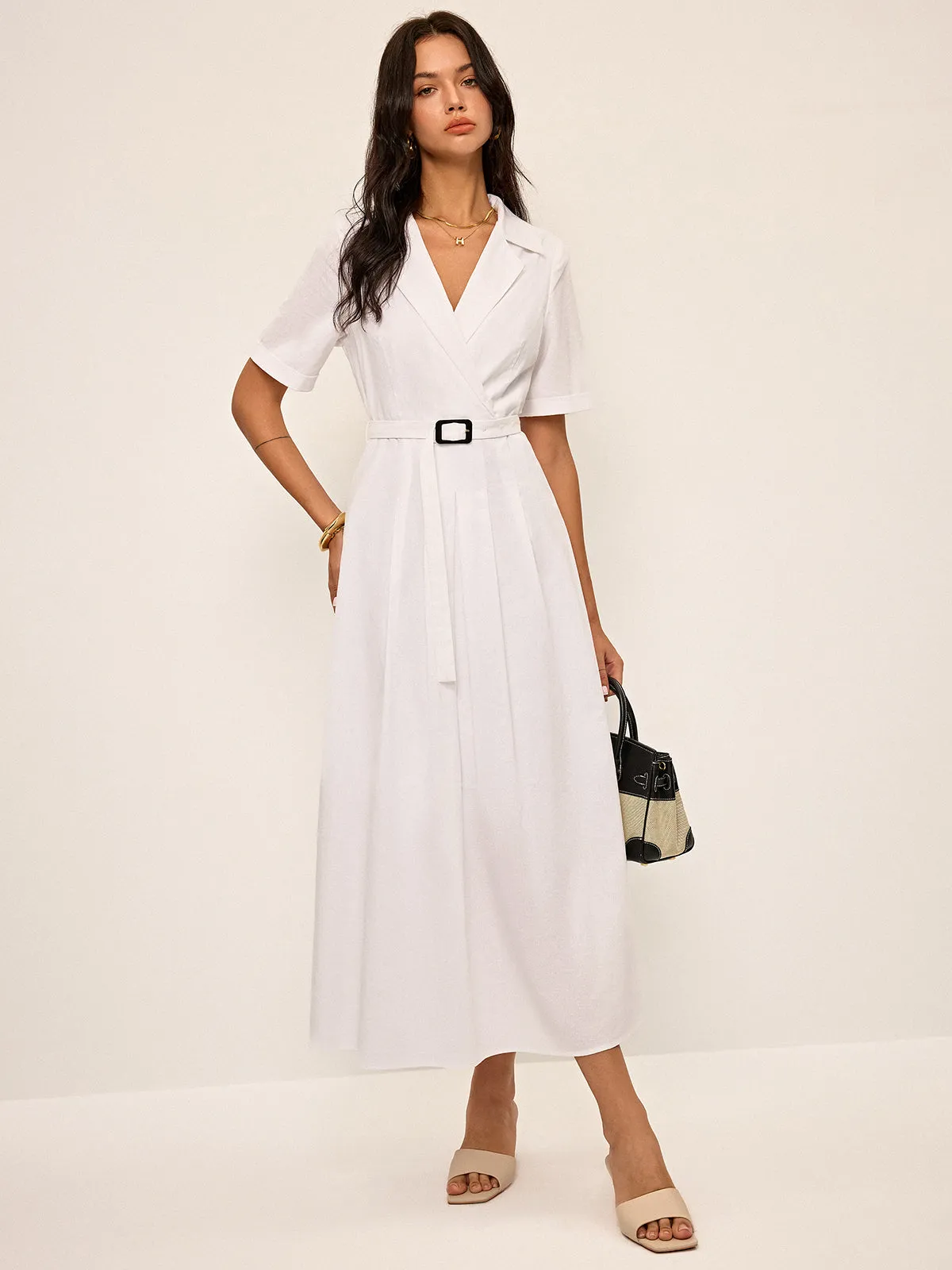 Linen & Blend Belted Pleated Shirt Dress sold by COMMENSE product image thumbnail 2